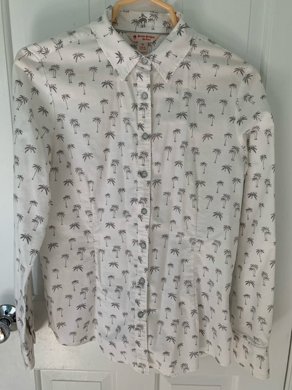 Brooks Brothers White Cotton Shirt with Gray Palm Print